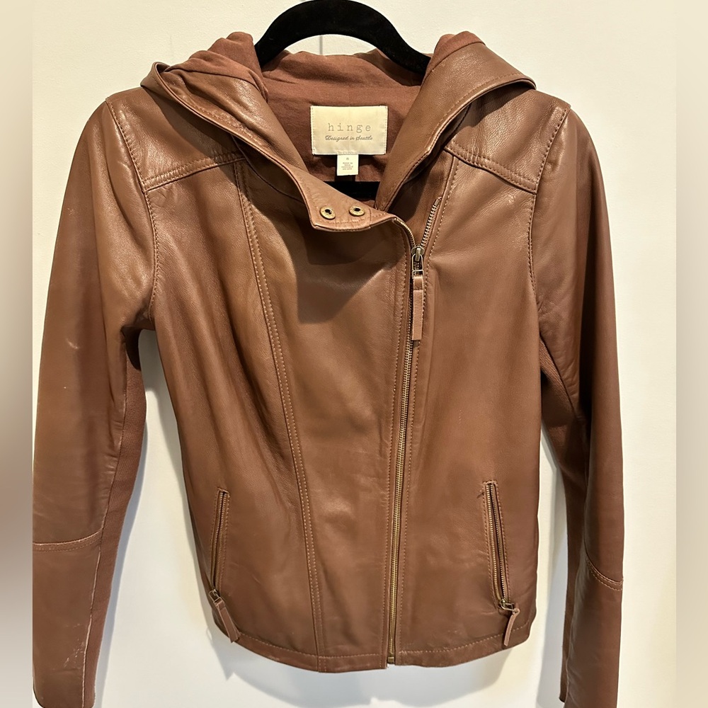 Hinge Hooded Brown Leather Jacket - size small - Picture 2 of 7